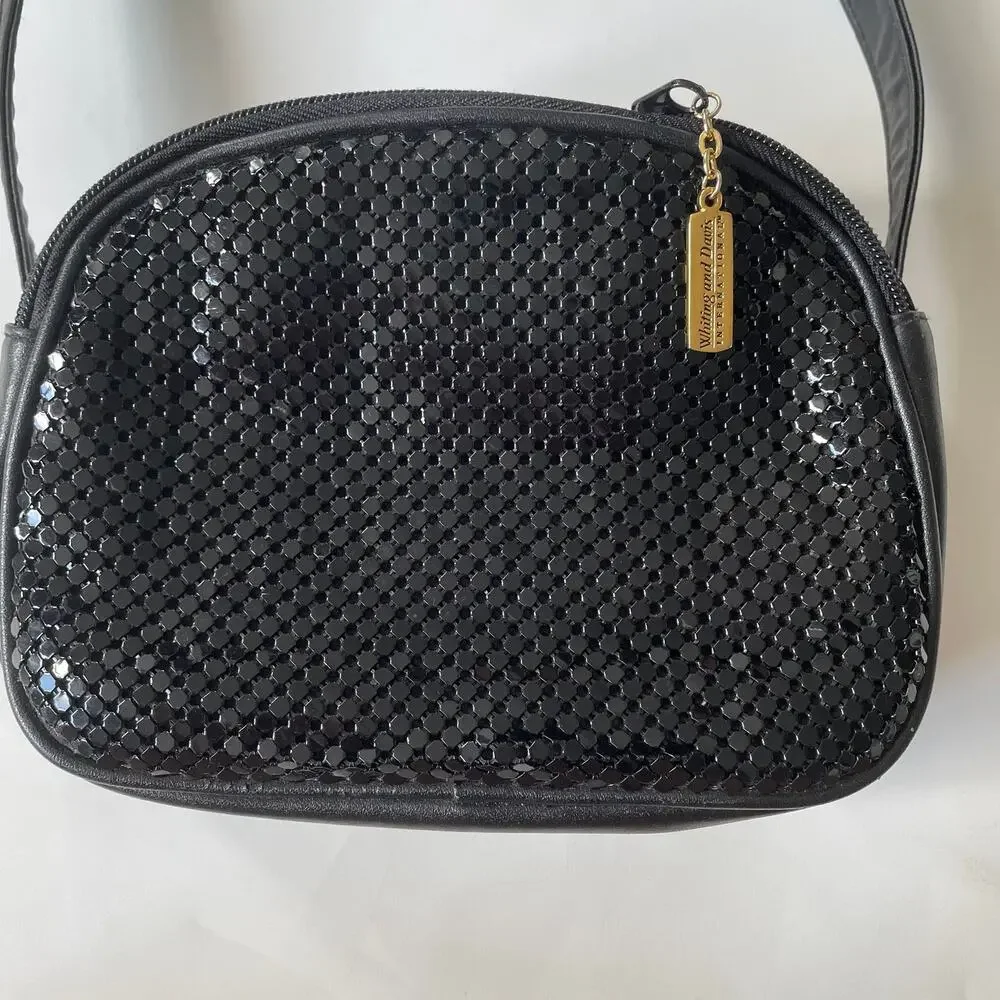 Whiting and Davis Metal Mesh Bag Crossbody Faux Leather Black